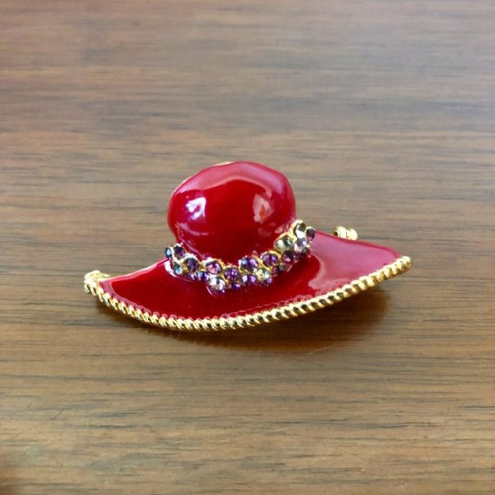 Enamel Red Hat Society Brooch w/ Rhinestones